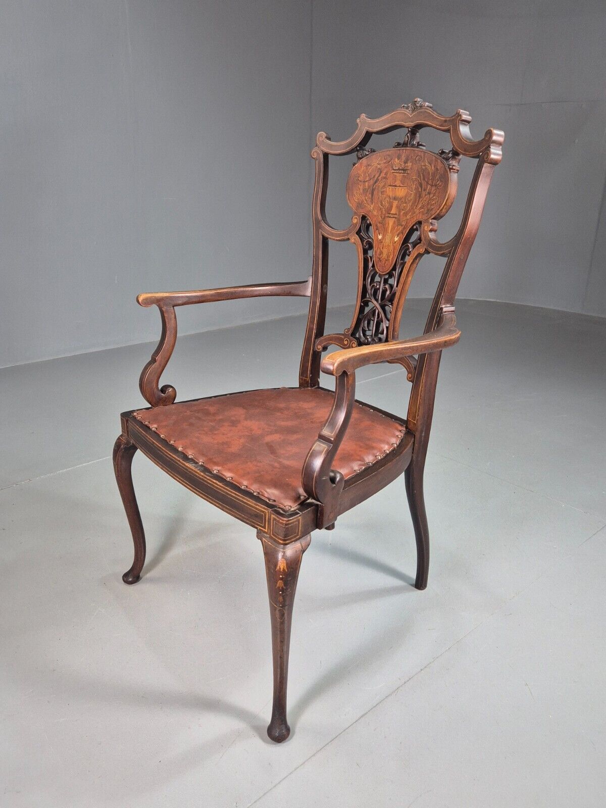 Vintage Elbow Carver Chair Vinyl Mahogany Inlay Antique EB7798 VCAR - UKDK FURNITURE