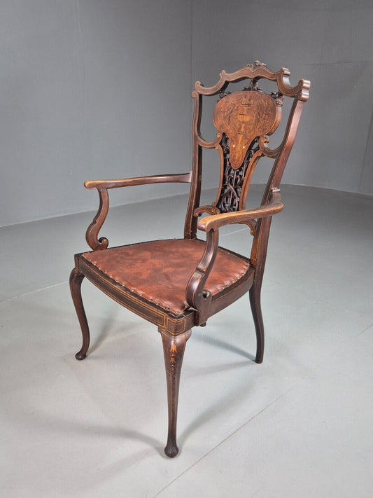 Vintage Elbow Carver Chair Vinyl Mahogany Inlay Antique EB7798 VCAR - UKDK FURNITURE
