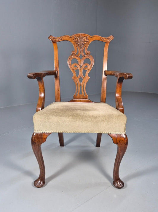 Antique Georgian Style Elbow Chair Mahogany Pad Feet Green Seat EB9387 VDIN - UKDK FURNITURE