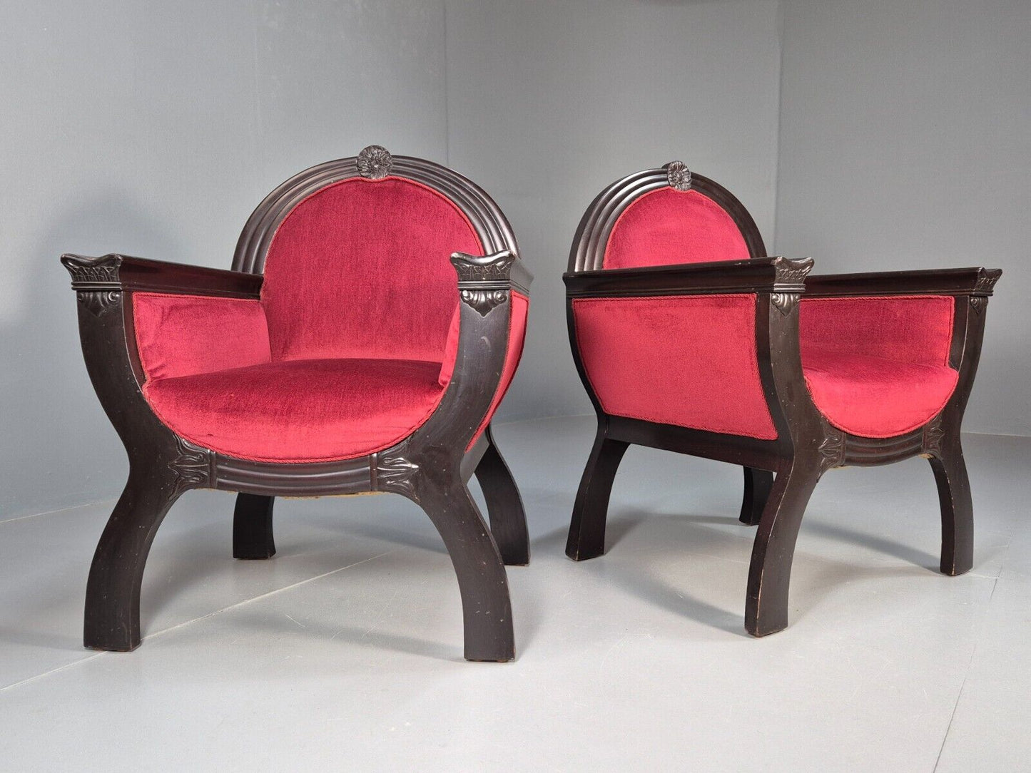 2 Vintage Danish Lounge Chairs Red Velour Mahogany Gondola Style EB8997 VCLO - UKDK FURNITURE
