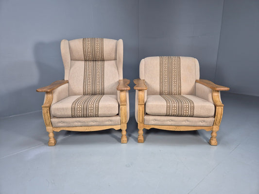 2 Vintage Danish Lounge Chairs Cream Wool Oak Kjaernulf Retro 1970s EB8020 MNOR - UKDK FURNITURE