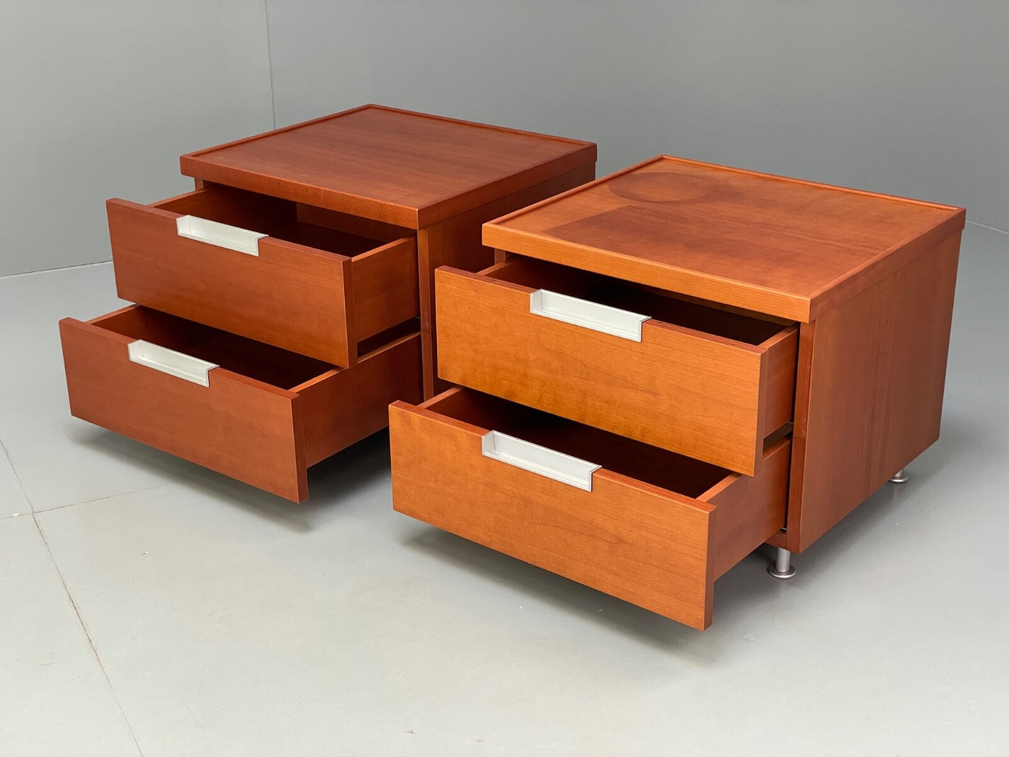 Vintage Pair Bedside Tables Cherry Wood Aluminium 1980s Drawers EB9819 MWOO - UKDK FURNITURE
