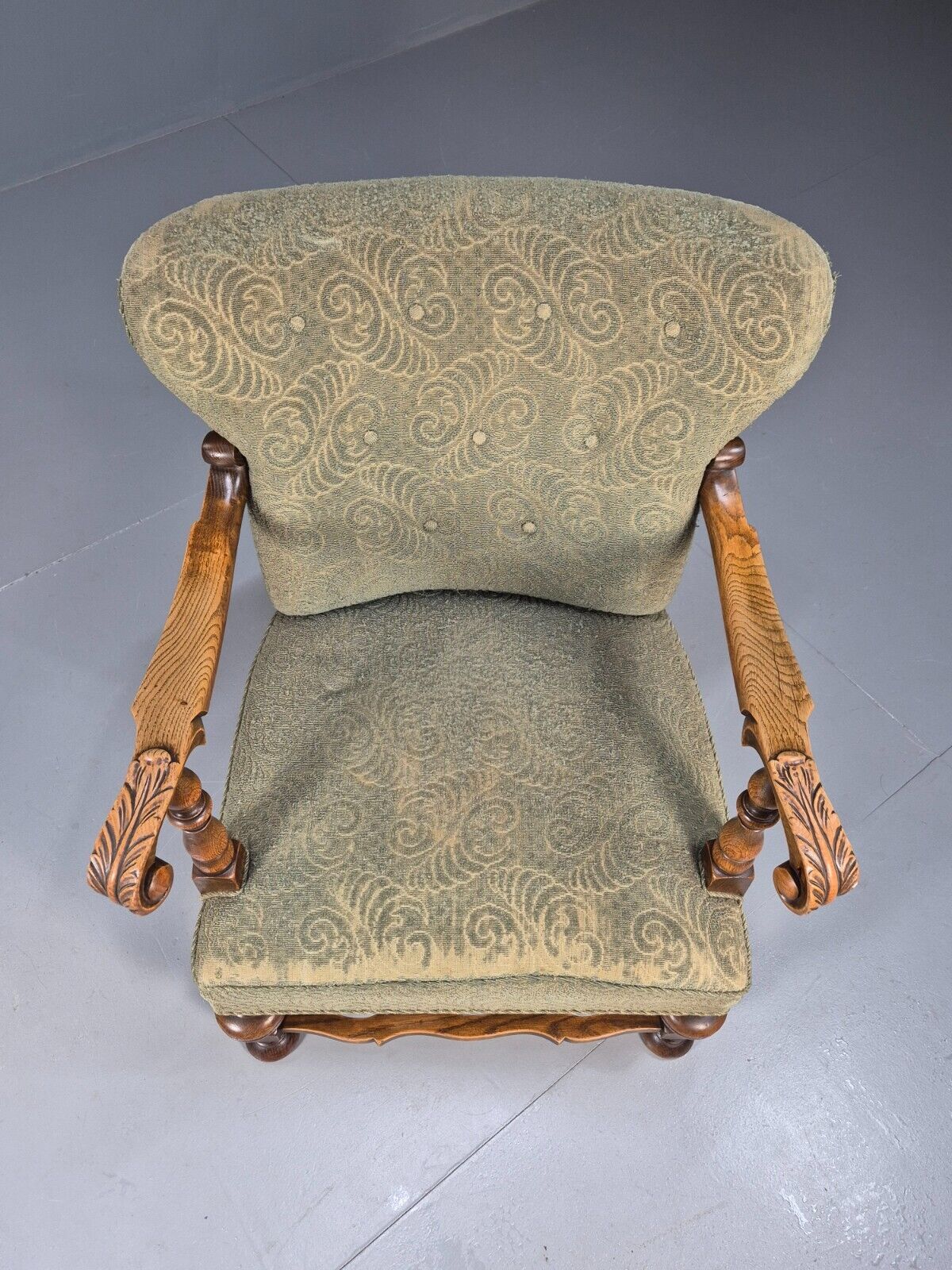 Vintage Danish Lounge Chair Green Moquette Carved Oak Frame 1940s EB8981 VCLO - UKDK FURNITURE