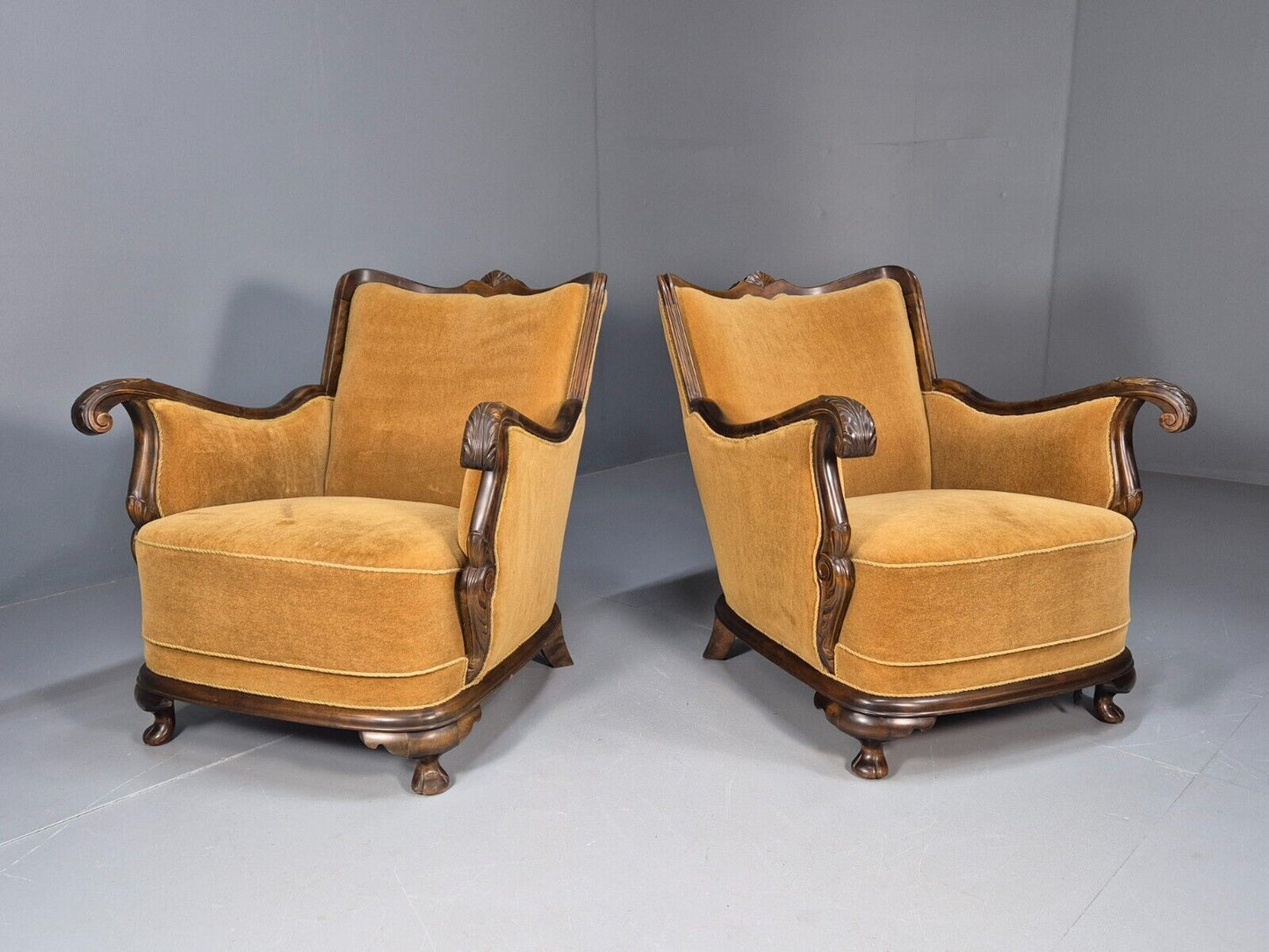 2 Vintage Danish Antique Chairs Gold Velour 1930s Carved Wood EB8969 VCLO - UKDK FURNITURE