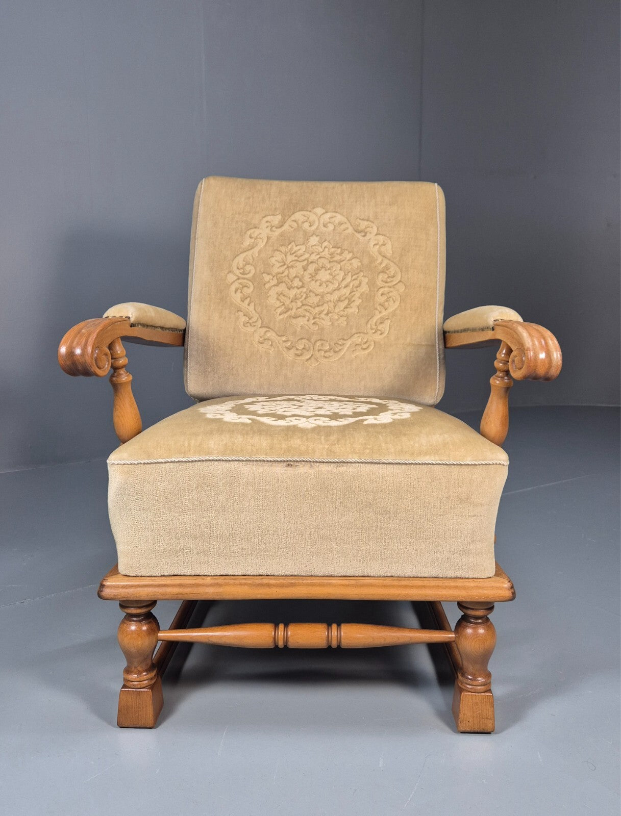 Vintage Danish Oak Frame 1970s Lounge Chair Gold Floral Upholstery EB9658 VCLO - UKDK FURNITURE