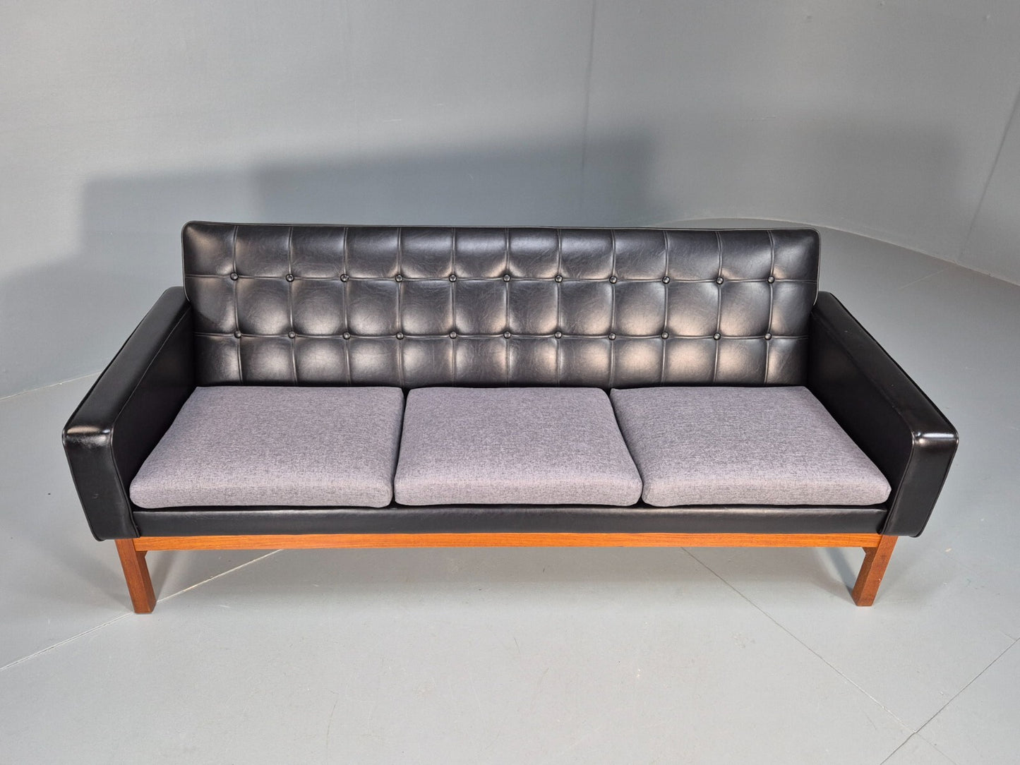 Vintage 3 Seater Sofa Black Leather Teak Frame Futura Mobler Mid Century M3SS - UKDK FURNITURE