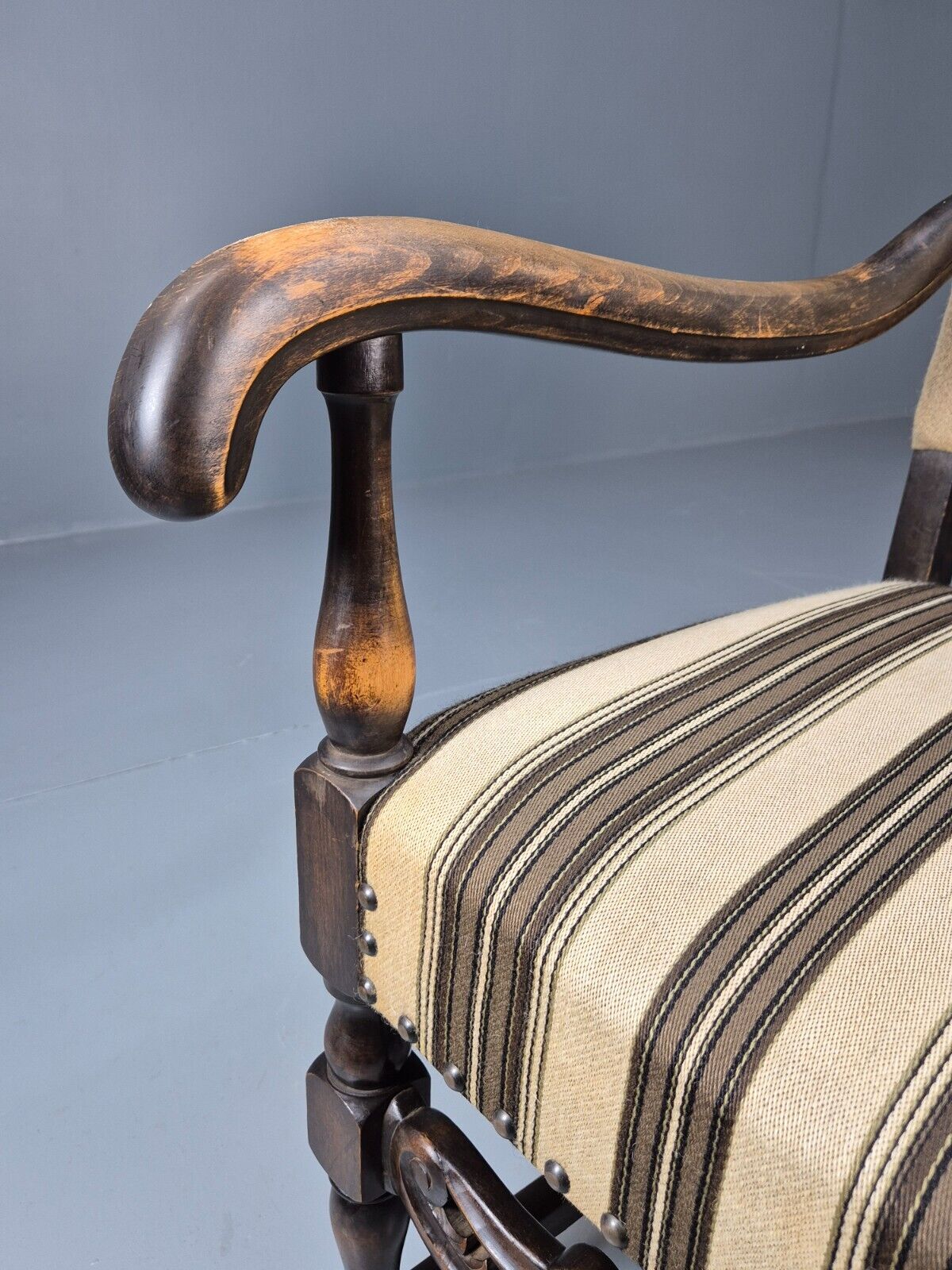 Vintage Danish Baroque Style Elbow Chair Striped Wool Upholstery EB9383 VCAR - UKDK FURNITURE