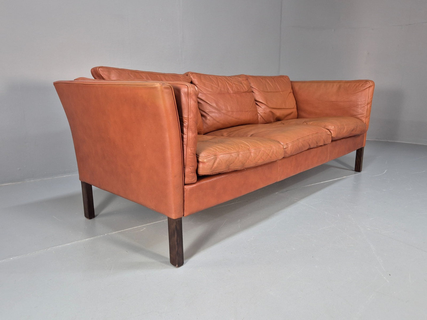 Retro Tan Leather Three Seater Sofa Vintage Danish Mid Century 1970 EB10078 M3SS10