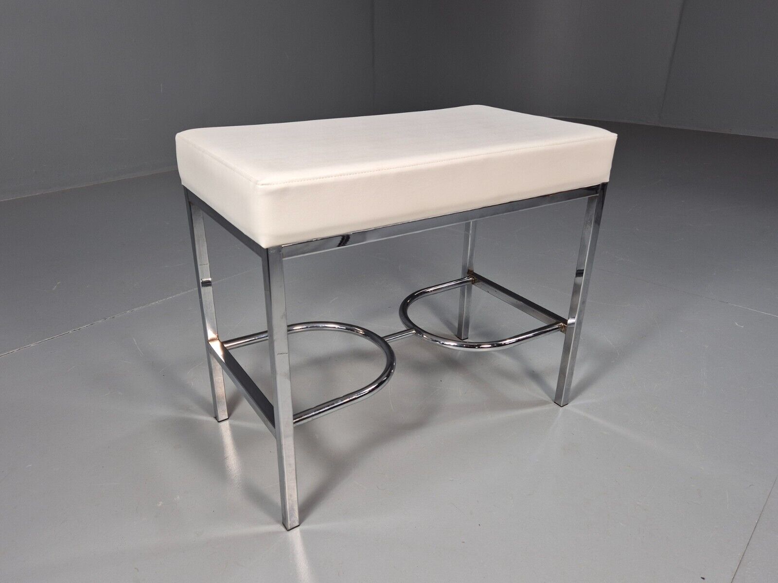 VintagePiano or Dressing Table Stool White Vinyl Chrome 1980s Retro EB9162 MFOO - UKDK FURNITURE