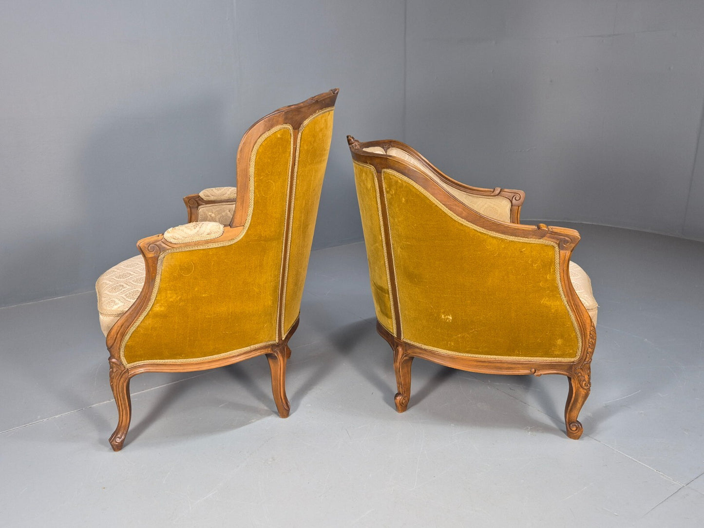 High and Low Back Danish Antique Rococo Style Lounge Chairs Damask EB9036 VCLO - UKDK FURNITURE