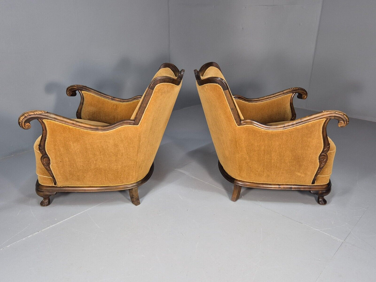 2 Vintage Danish Antique Chairs Gold Velour 1930s Carved Wood EB8969 VCLO - UKDK FURNITURE