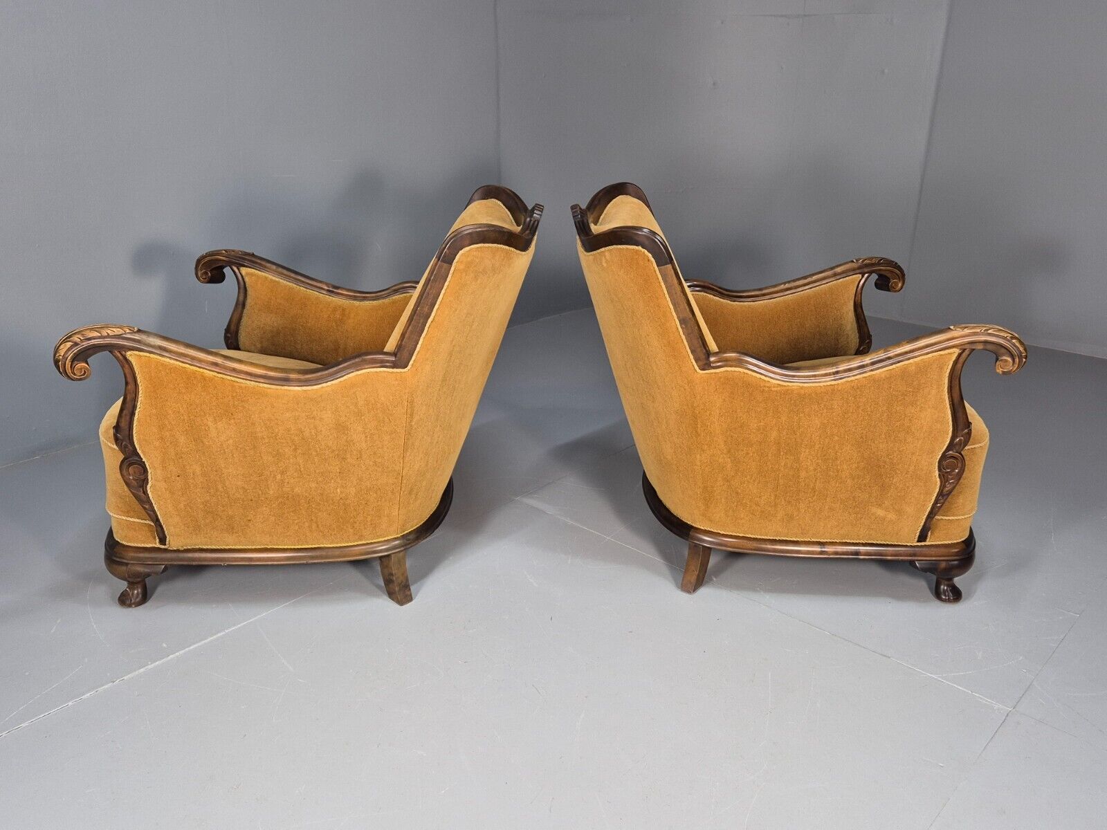2 Vintage Danish Antique Chairs Gold Velour 1930s Carved Wood EB8969 VCLO - UKDK FURNITURE
