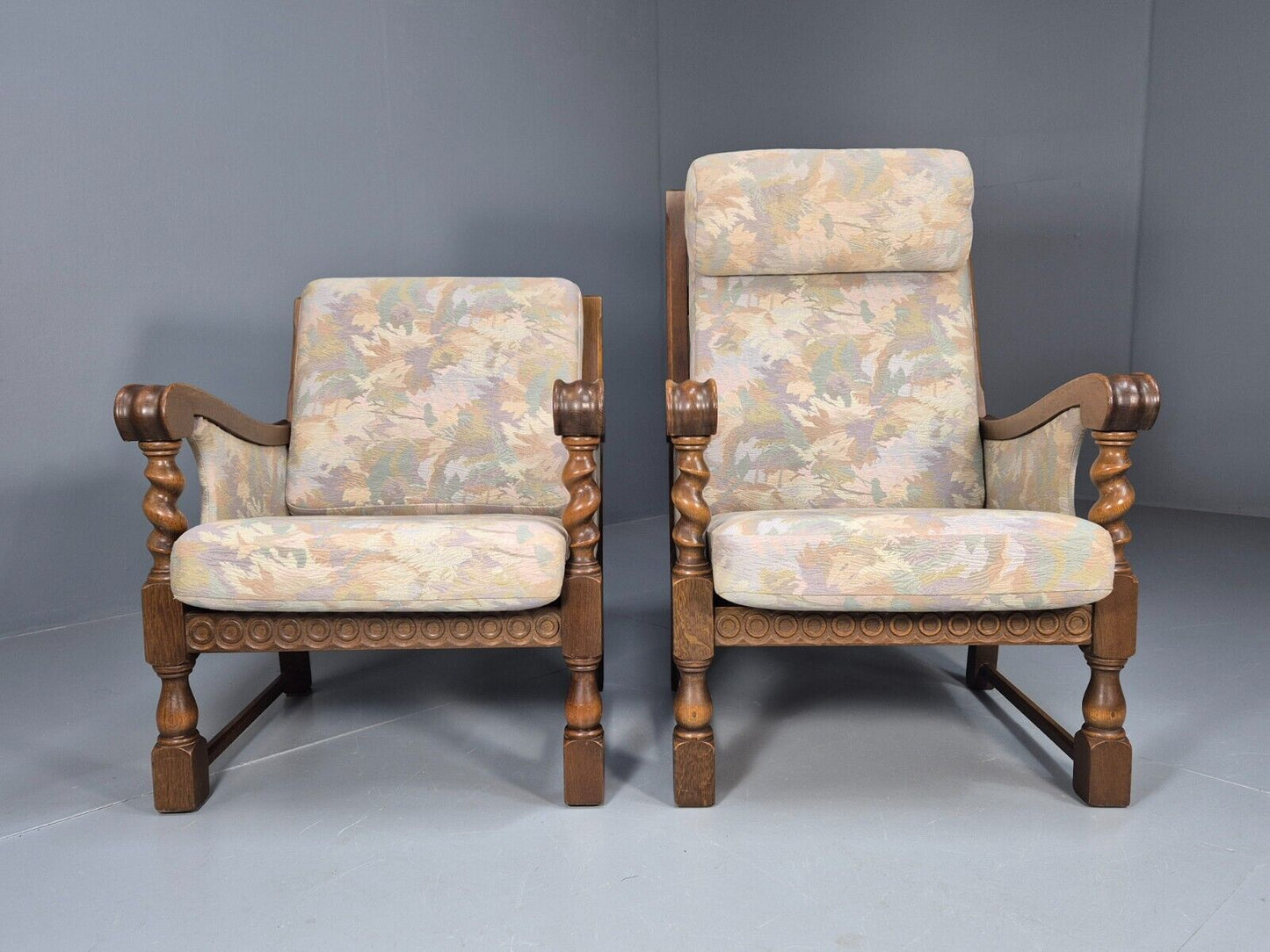 2 Vintage Danish Lounge Chairs Floral Beige Cotton Oak Frame Baroque EB8952 VCLO - UKDK FURNITURE