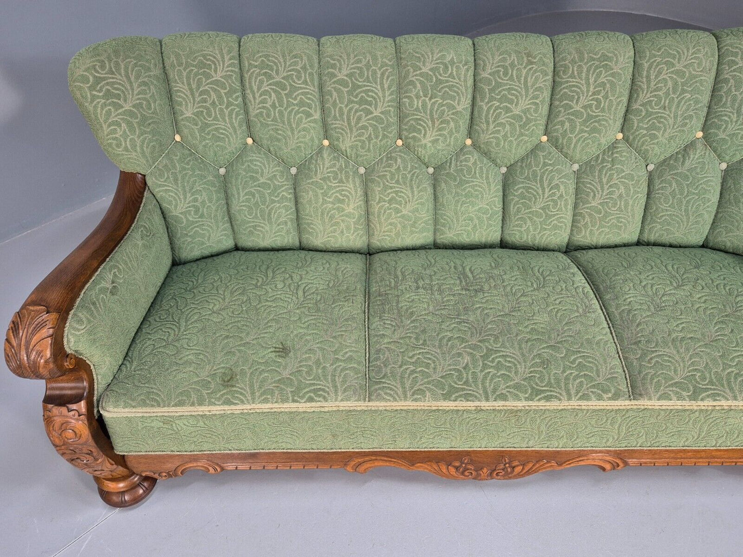 Vintage Danish Art Deco Sofa Oak Frame Green Moquette 1940s Antique EB8953 V3SS - UKDK FURNITURE
