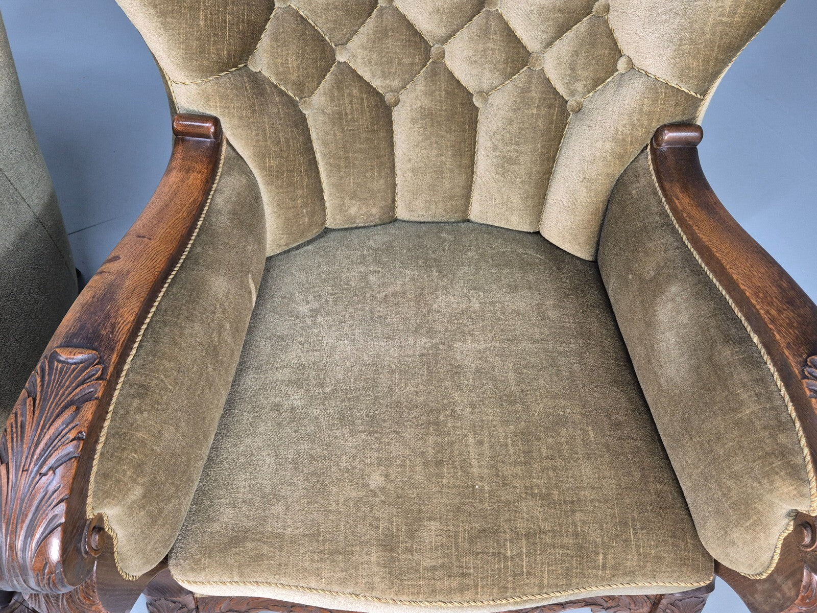 2 Antique Carved oak Danish Lounge Chairs Mink Velour Fan Back 1930s EB9557 VCLO - UKDK FURNITURE