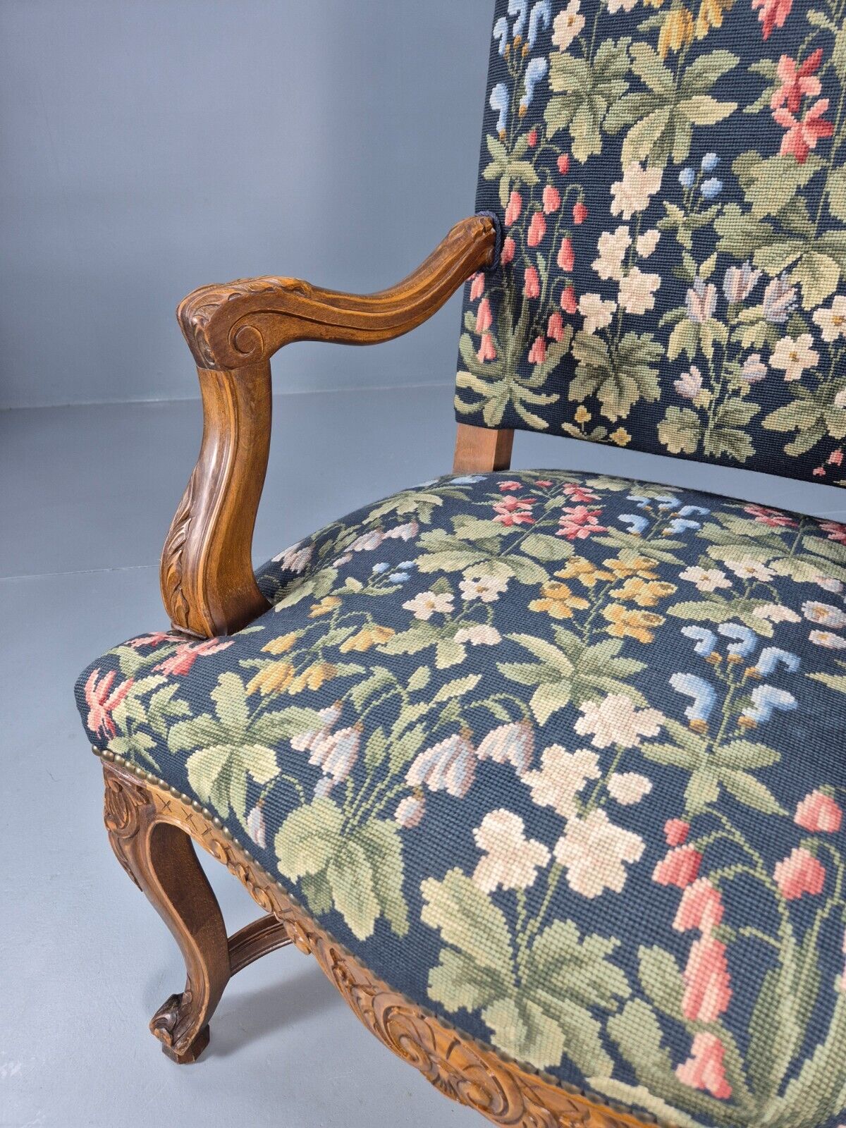 Vintage Danish Lounge Blue Floral Oak 17th Century Style EB8994 VCLO - UKDK FURNITURE