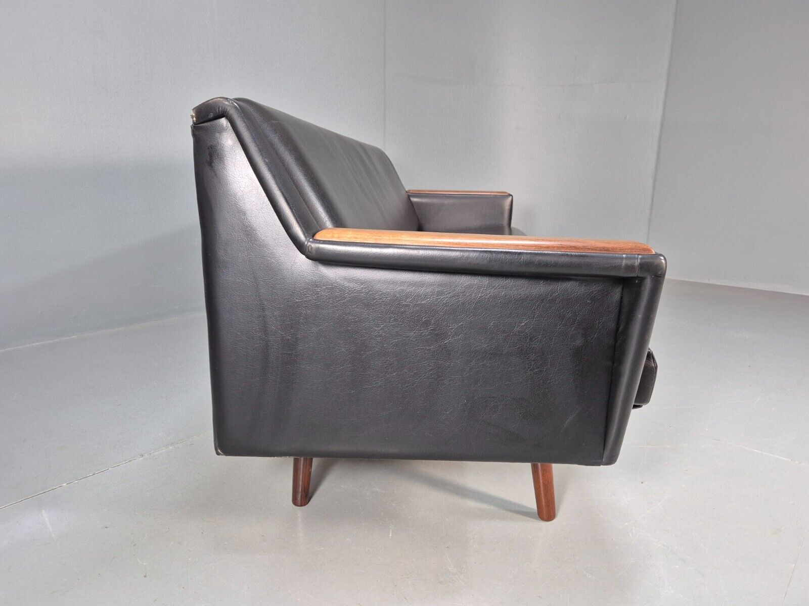 Vintage Danish Sofa Bed Black Vinyl Teak Paws Legs Reupholstery MCM EB7273 M4SS - UKDK FURNITURE
