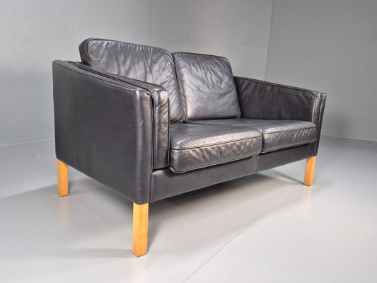 Vintage Danish 2 Seat Sofa Black Leather High Arms 1980s Retro MCM EB8623 M2SS - UKDK FURNITURE