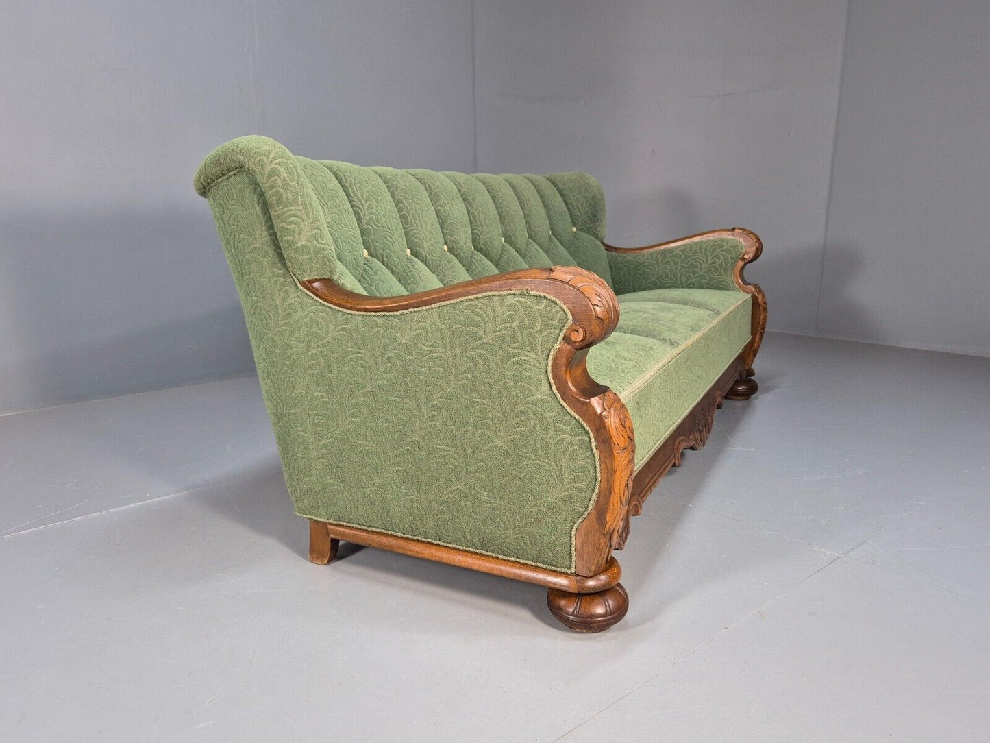 Vintage Danish Art Deco Sofa Oak Frame Green Moquette 1940s Antique EB8953 V3SS - UKDK FURNITURE