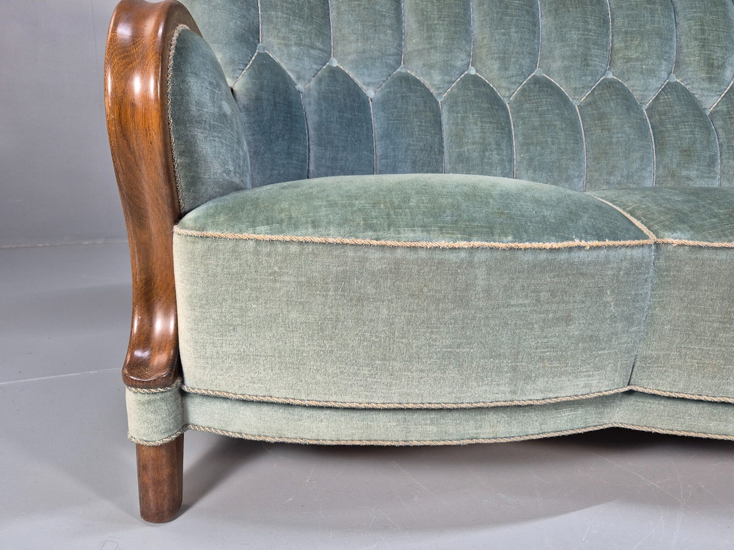 Vintage Danish Art Deco Sofa Blue Velvet Velour Oak Frame Shell Back EB9591 V3SS - UKDK FURNITURE