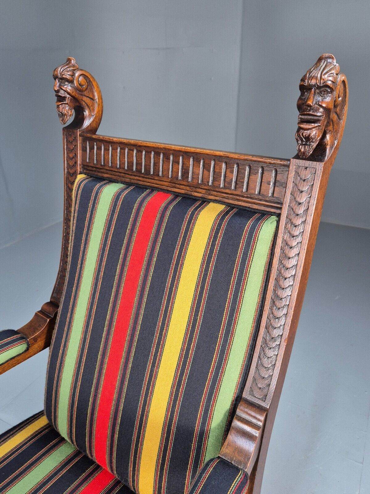 Vintage Danish Lounge Chair Multicoloured Carved Oak Figures Antique EB8951 VCLO - UKDK FURNITURE