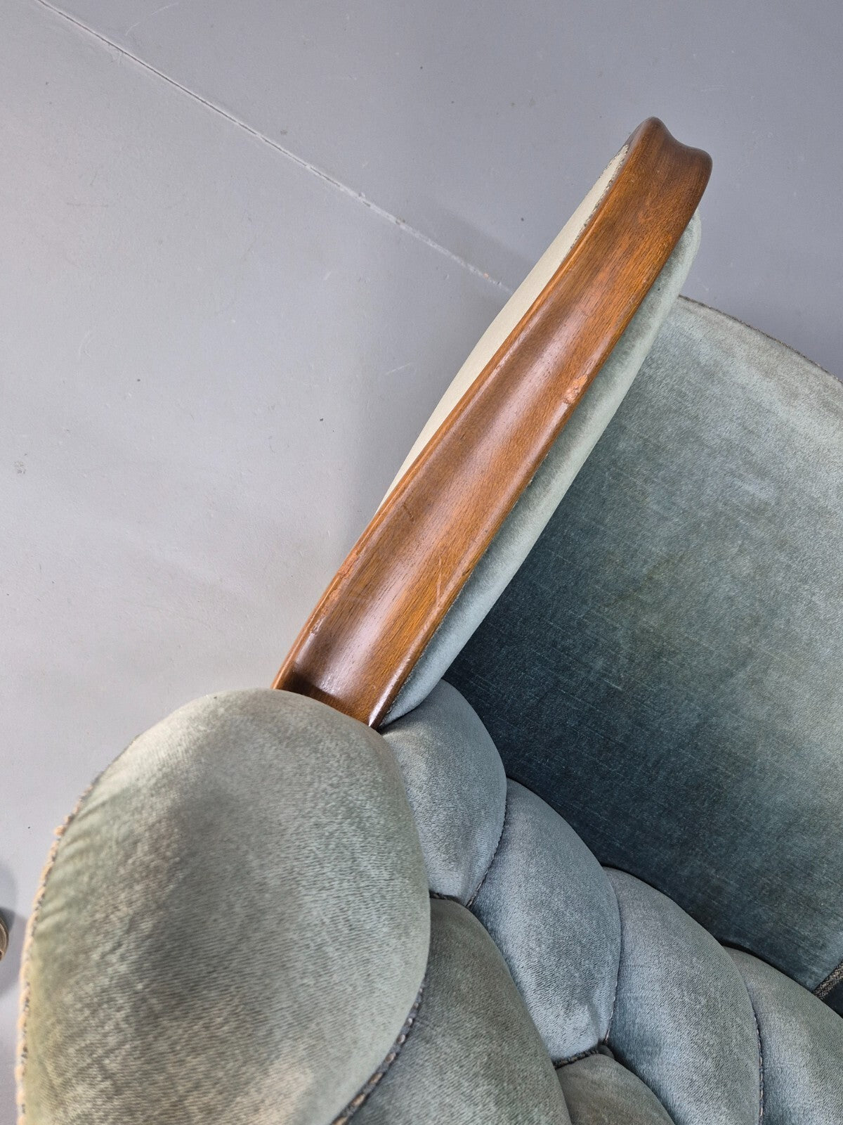Vintage Danish Art Deco Sofa Blue Velvet Velour Oak Frame Shell Back EB9591 V3SS - UKDK FURNITURE