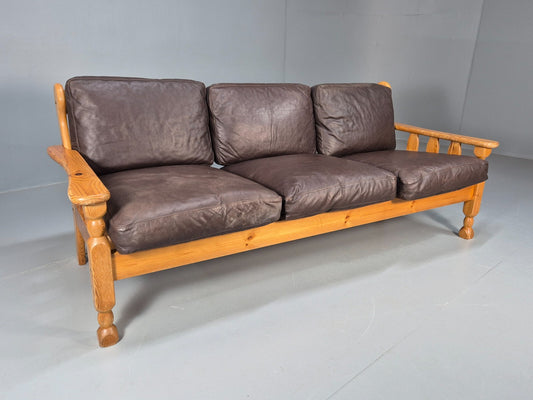 Vintage Danish 1970s Pine and Leather Upholstered 3 Seat Sofa Retro EB9455 M3SS - UKDK FURNITURE