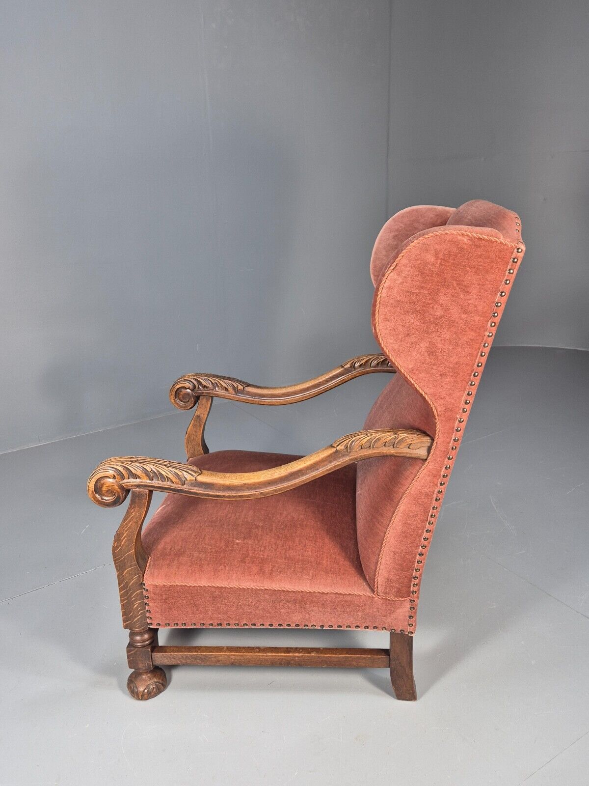Vintage Danish Lounge Chair Pink Peach Velour Oak 17th Century Style EB8985 VCLO - UKDK FURNITURE
