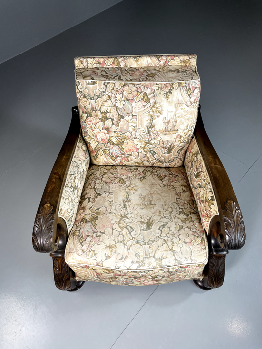 Vintage Danish Lounge Chair, Antique, Floral, Carved Wood Frame, EB2466 VCAR - UKDK FURNITURE