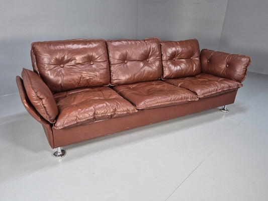 Vintage Danish 3 Seat Sofa Brown Leather Buttoned 1970s Retro MCM EB8586 M3SS - UKDK FURNITURE