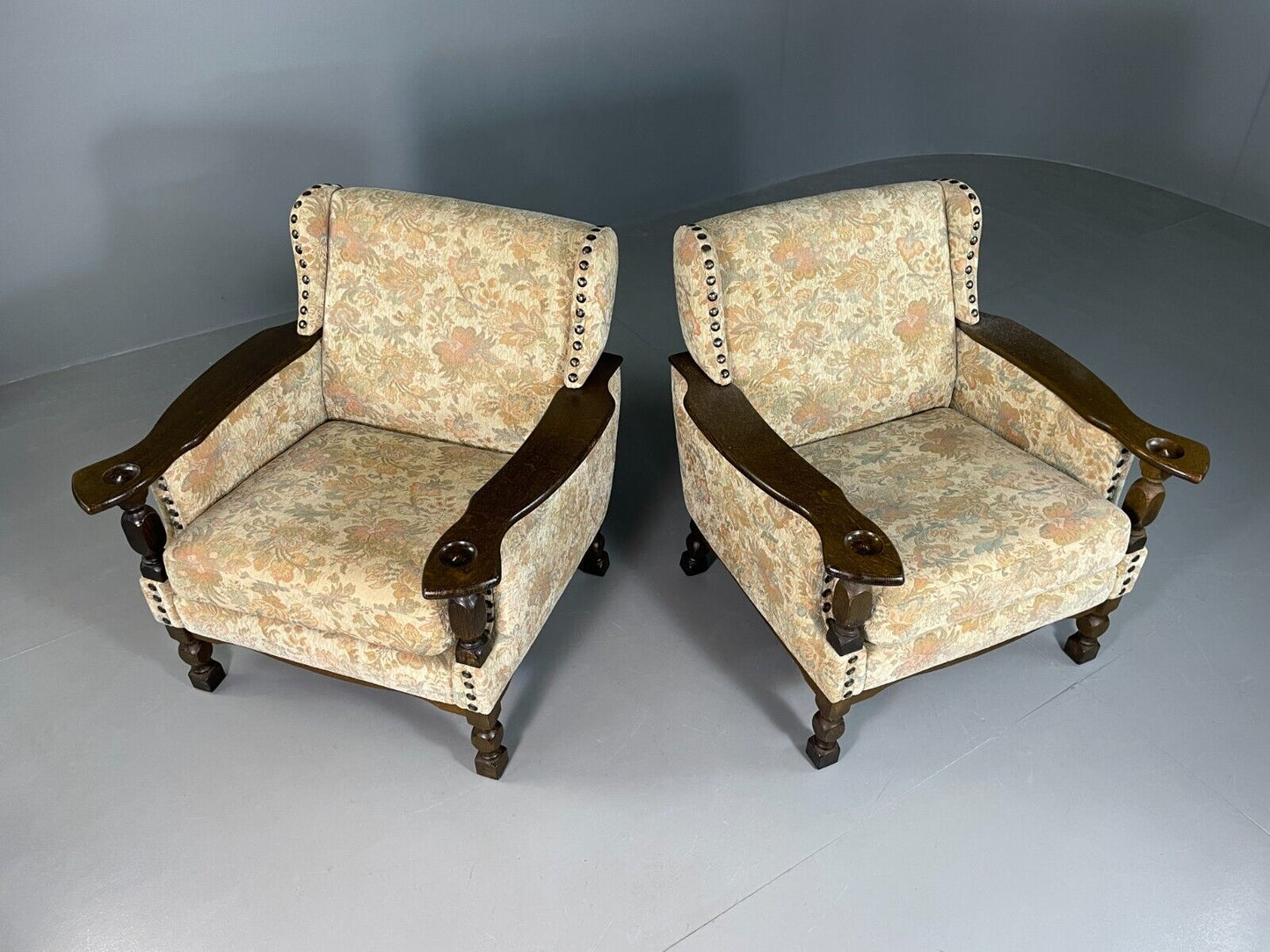 2 Vintage Danish Lounge Chairs Floral Cotton Oak Frame Retro EB6690 MNOR - UKDK FURNITURE
