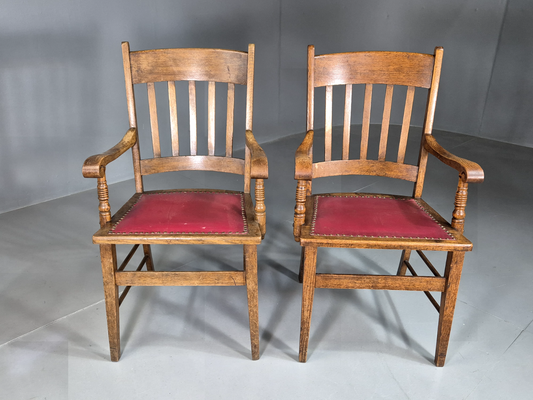 2 Vintage Elbow Chairs Red Leatherette Oak 1920s Retro EB7393 VLEA - UKDK FURNITURE