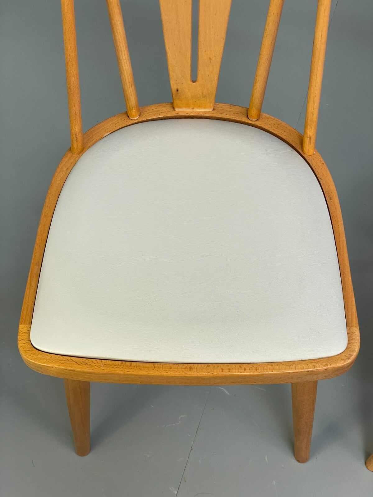 Mid Century Beech Dining Chairs Pair Off White Vinyl 1960s EB9779 MDIN - UKDK FURNITURE