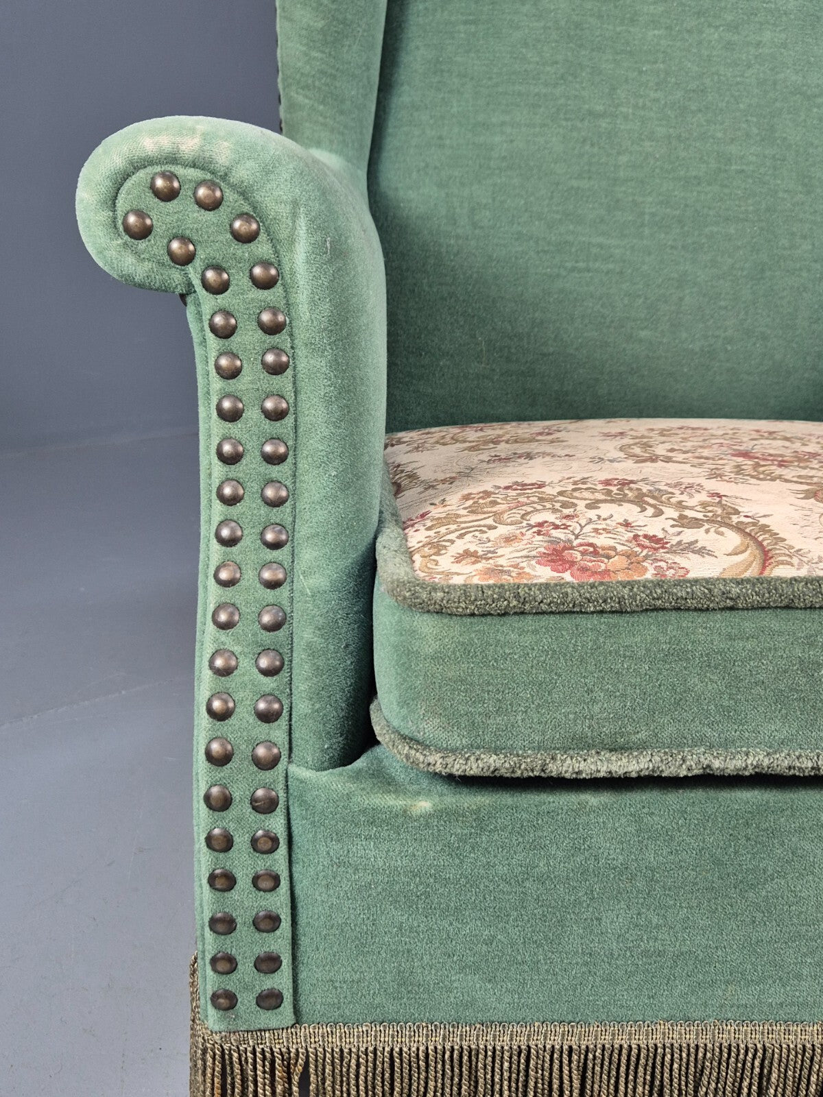 Vintage Danish Wingback Lounge Chair Green and Cream Floral Tassels EB9610 VCLO - UKDK FURNITURE