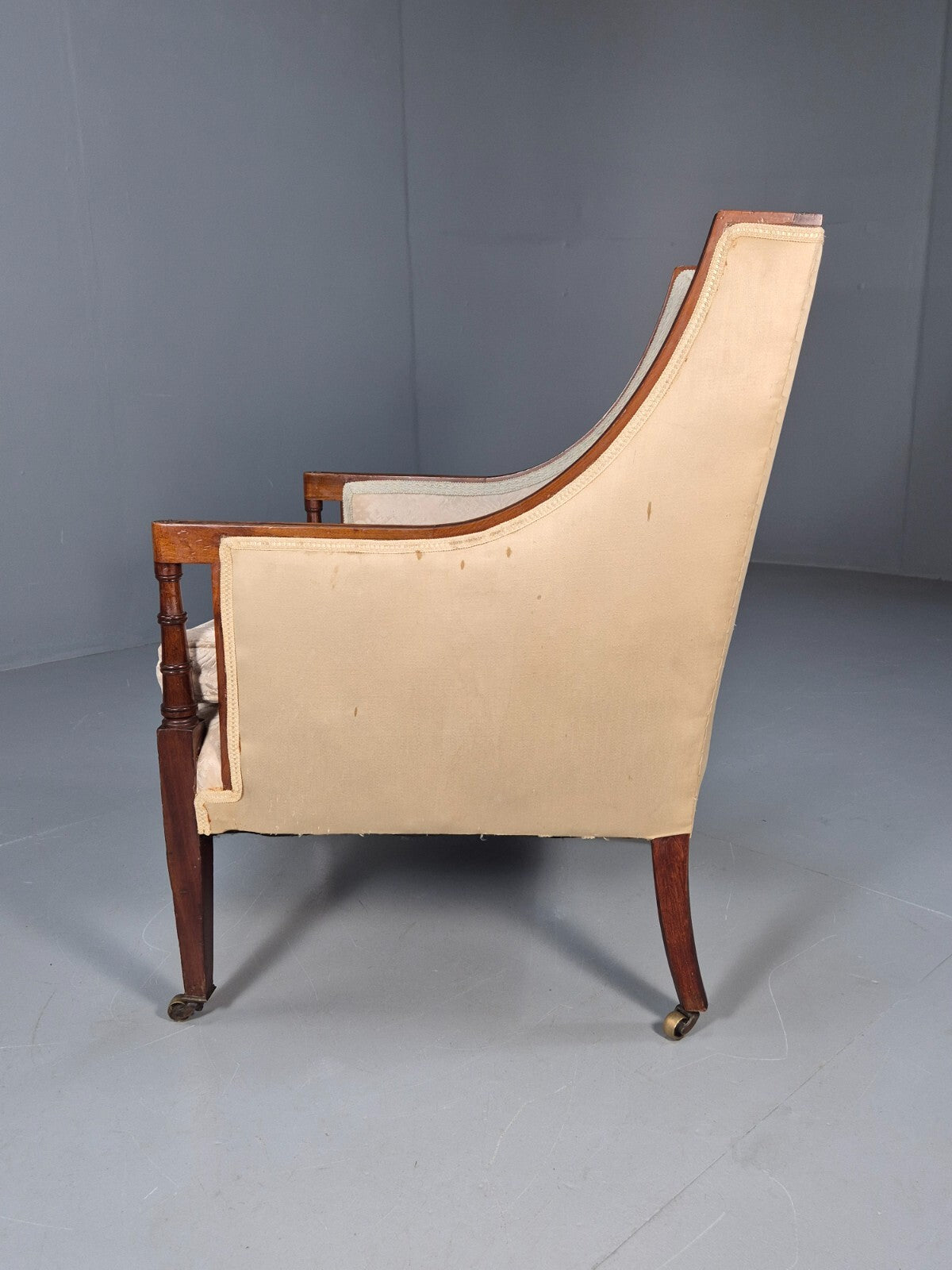 Antique Edwardian Mahogany Armchair Satin Creme Leaf Pattern Fabric EB8446 VCLO - UKDK FURNITURE