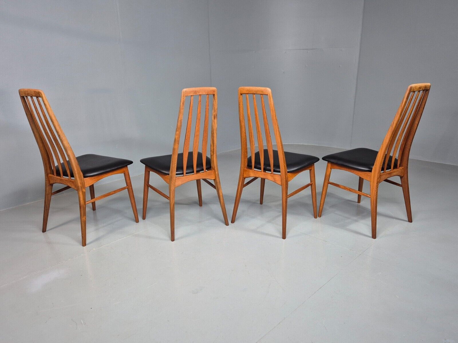 4 Vintage Danish Dining Chairs Black Vinyl Teak Koefoeds Retro MCM EB8433 MDIN - UKDK FURNITURE