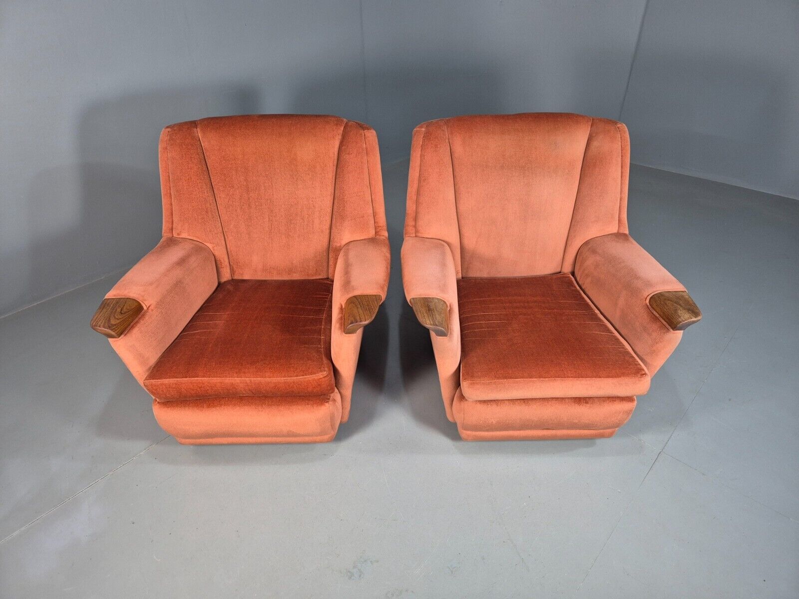 2 Vintage Lounge Chairs Pink Velour Teak Paws 1960s Retro EB8203 MNOR - UKDK FURNITURE