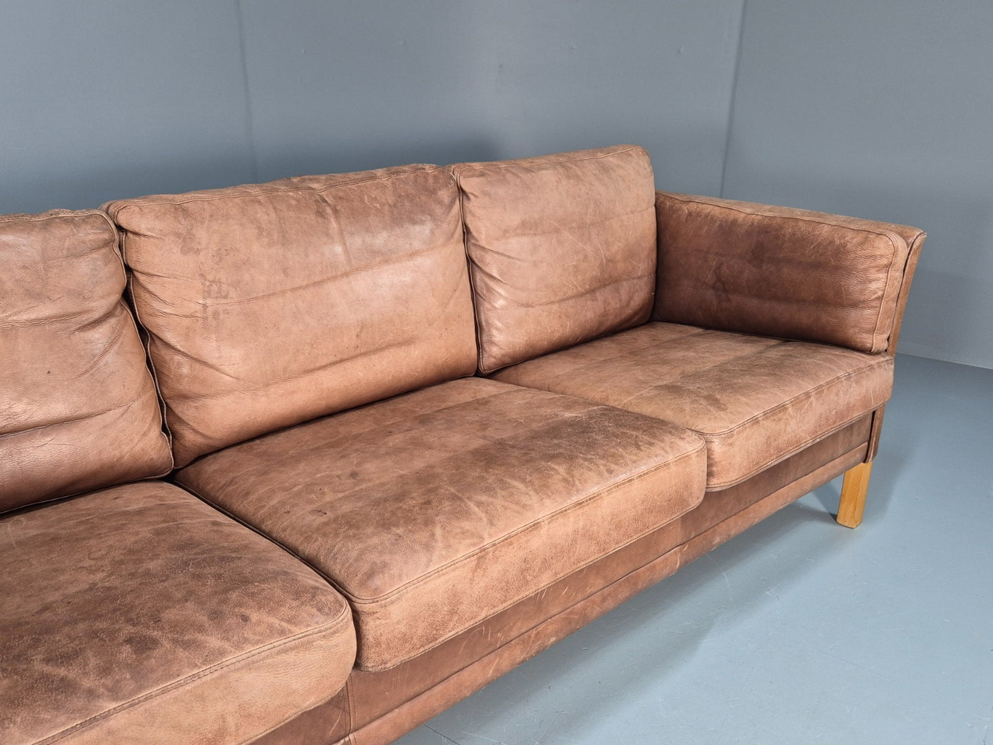 Retro Three Seater Sofa Brown Leather Danish Mid Century Design 70s EB10106 M3SS3