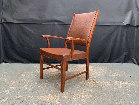 Danish Oak & Brown Vinyl High-Back Arm Chair Elbow Desk Vintage EB1949 VDIN - UKDK FURNITURE