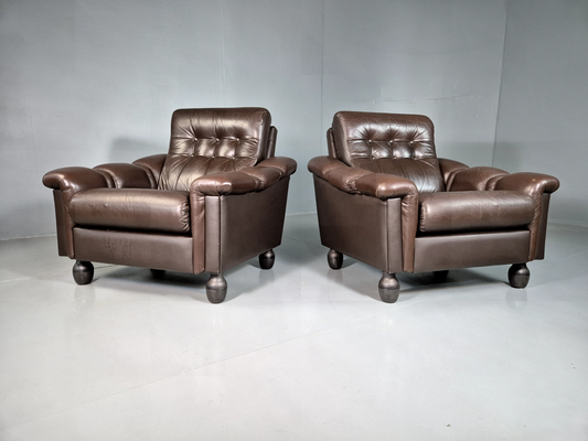 2 Vintage Danish Lounge Chairs Brown Leather Vinyl Retro MCM 1970s EB7177 MNOR - UKDK FURNITURE