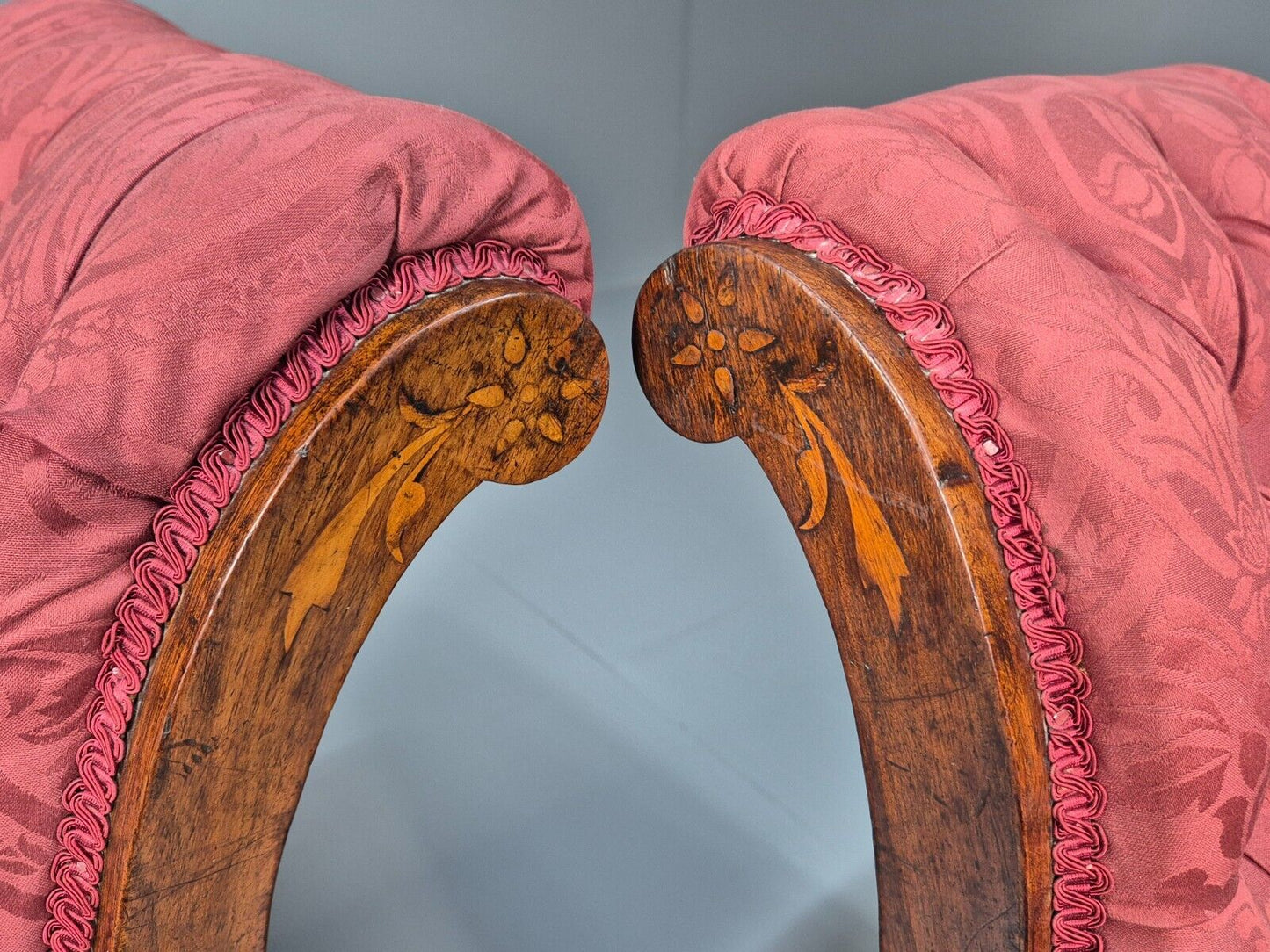 2 Vintage Slipper Chairs Pink Cotton Rosewood Inlay Antique EB8874 VCLO - UKDK FURNITURE