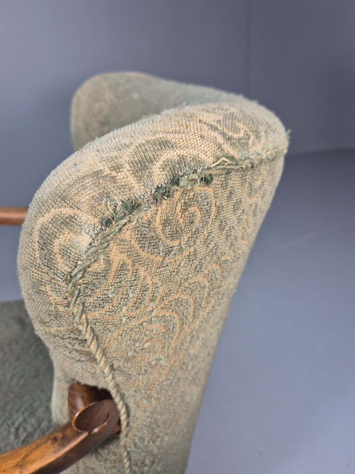Vintage Danish Lounge Chair Green Moquette Carved Oak Frame 1940s EB8981 VCLO - UKDK FURNITURE