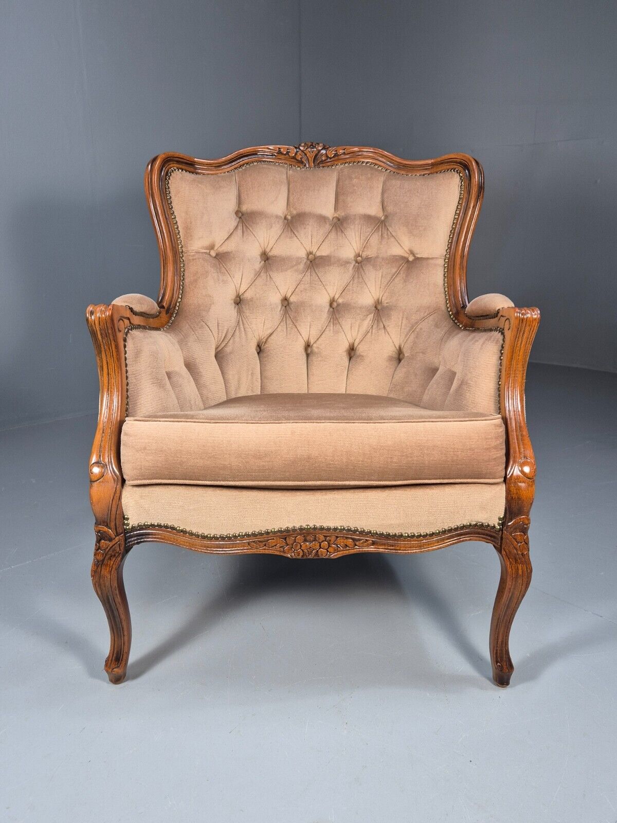 Vintage Danish Lounge Chair Beige Velour Beech Antique French Style EB8930 VCLO - UKDK FURNITURE