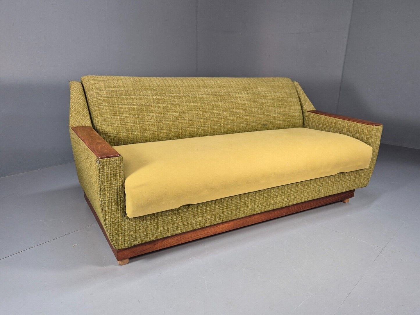 Vintage Danish 2 Seat Sofa Green Wool Teak Arms Retro MCM EB8900 M2SS - UKDK FURNITURE