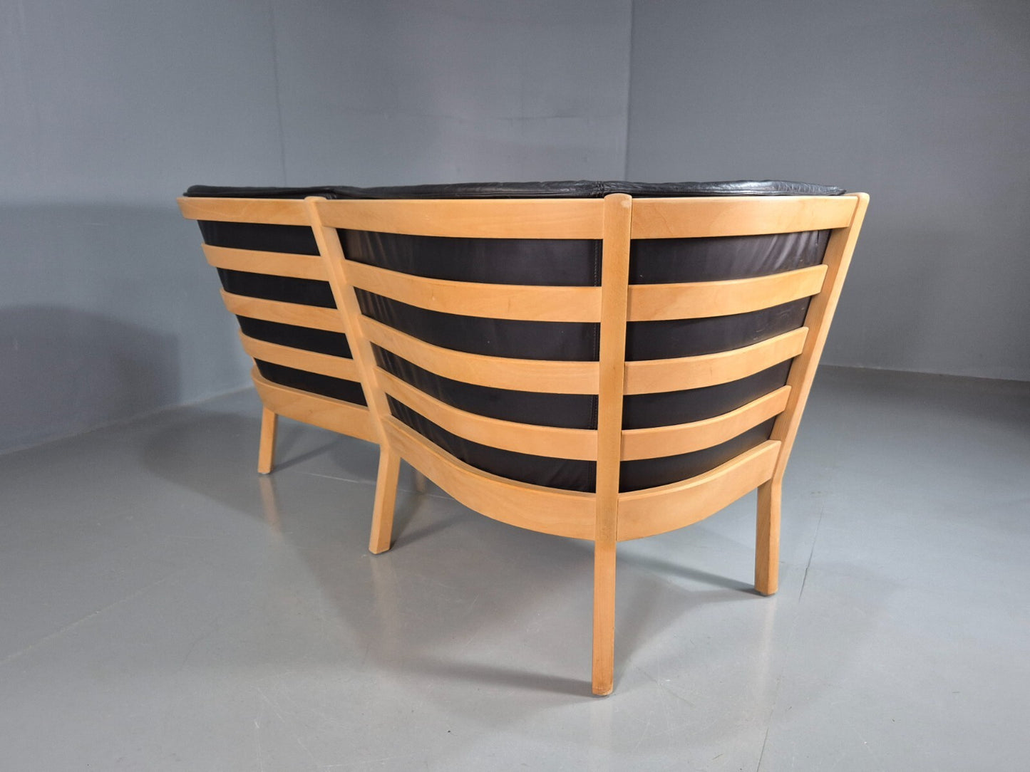 Vintage Danish 2 Seat Sofa Black Leather Beech Stouby Retro MCM EB7447 M2SS - UKDK FURNITURE
