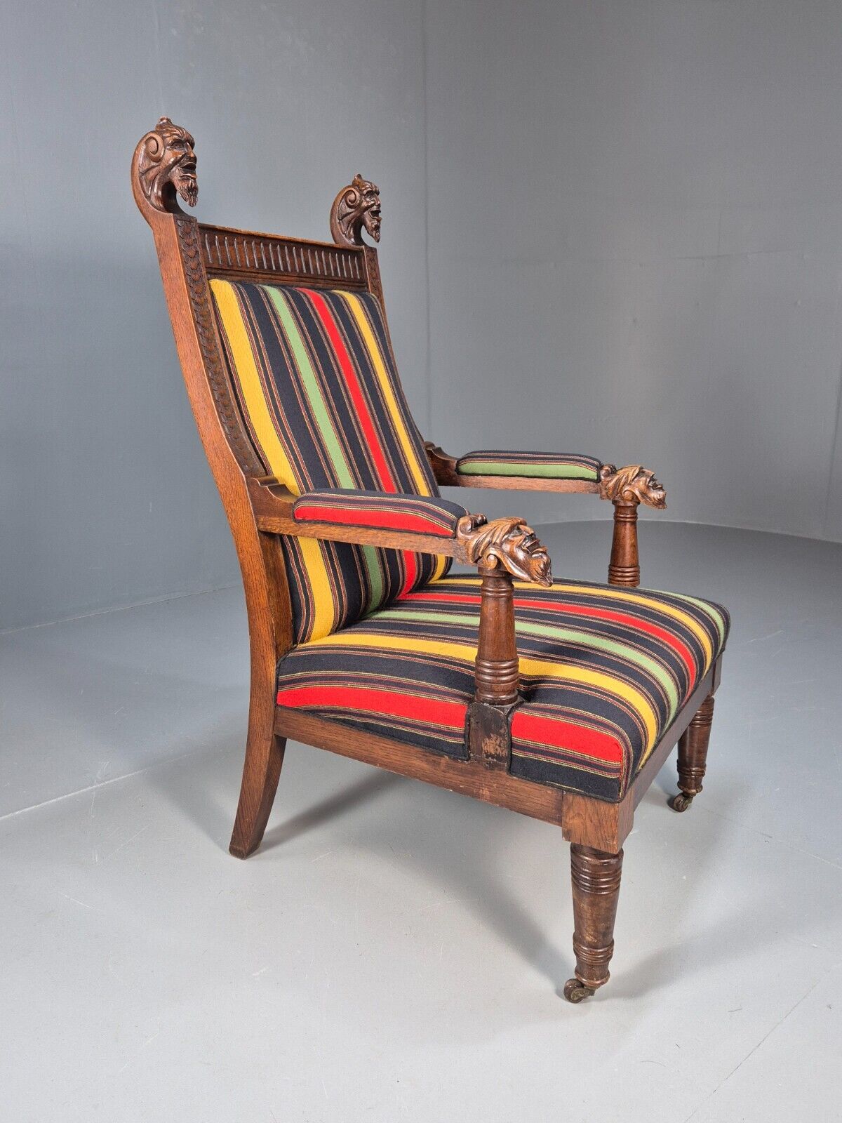 Vintage Danish Lounge Chair Multicoloured Carved Oak Figures Antique EB8951 VCLO - UKDK FURNITURE