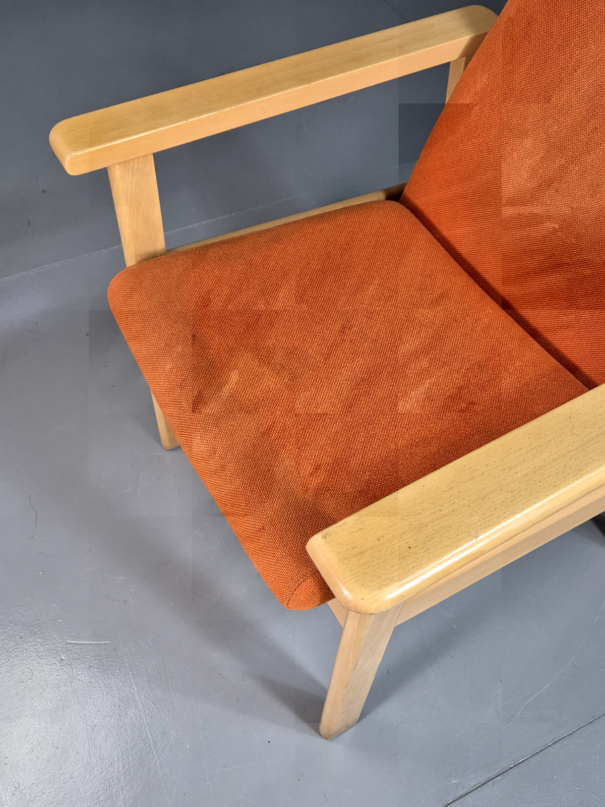 Vintage Danish Elbow Chair Orange Wool Beech Frame 1980s Retro EB7344 MNOR - UKDK FURNITURE