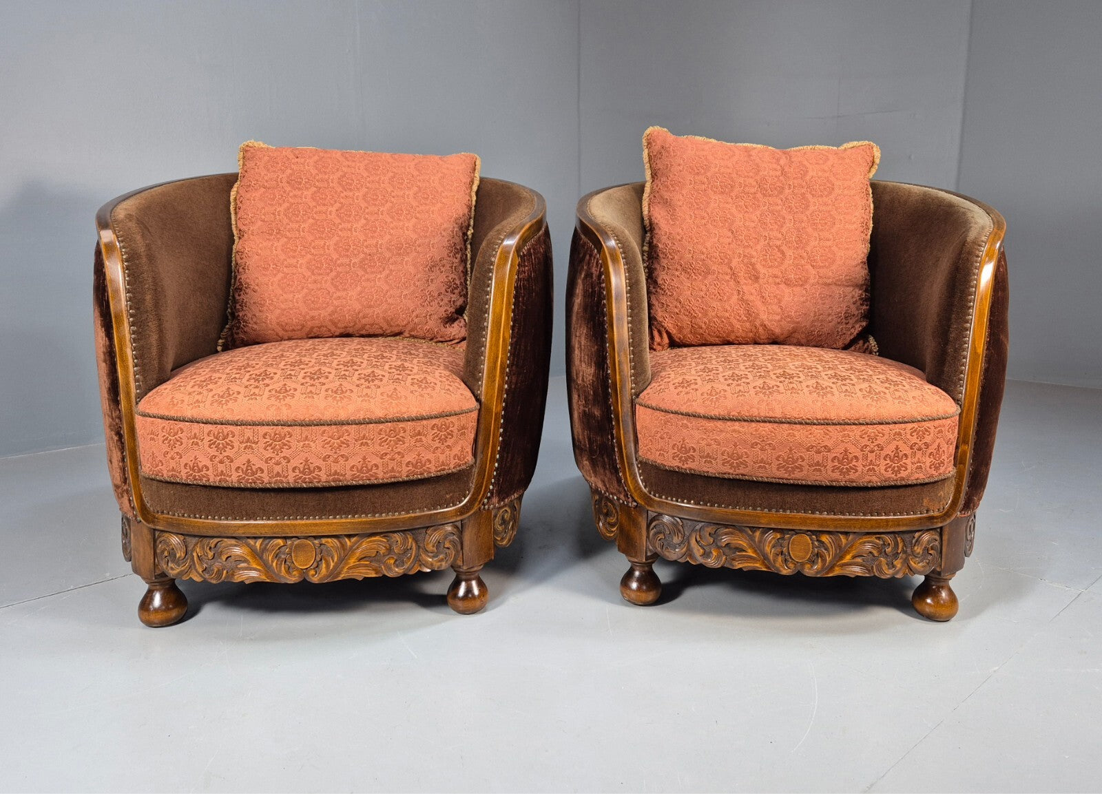 2 Vintage Art Deco Danish Tub Lounge Chairs Damask and Velvet 1940s EB9004 VCLO - UKDK FURNITURE