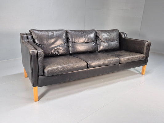 Black Leather 3 Seat Sofa Borge Mogensen Style 1970s Vintage Retro EB9068 V3SS - UKDK FURNITURE