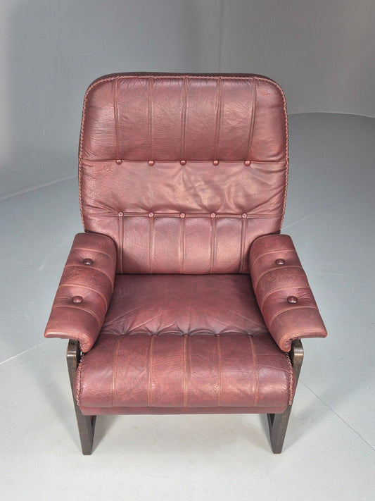Vintage Burgundy Leather Lounge Chair Danish 1970s Beech Frame EB9793 MNOR - UKDK FURNITURE